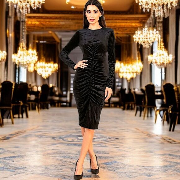 Witchy Ruched Velvet Midi Dress S Black Textured Long Sleeve Goth Sexy Romantic - Picture 15 of 16